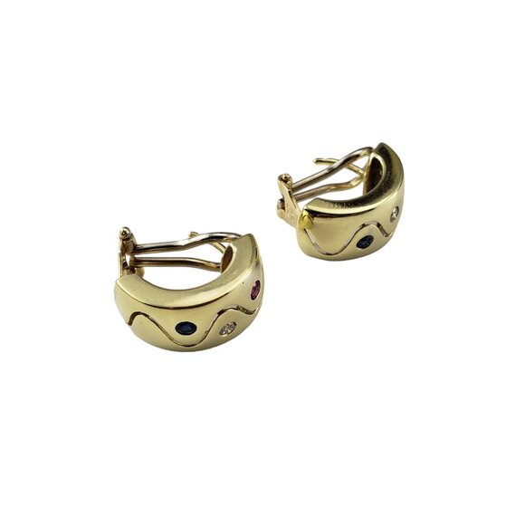 14K Yellow Gold Sapphire, Ruby & Diamond Half Hoop Earrings...